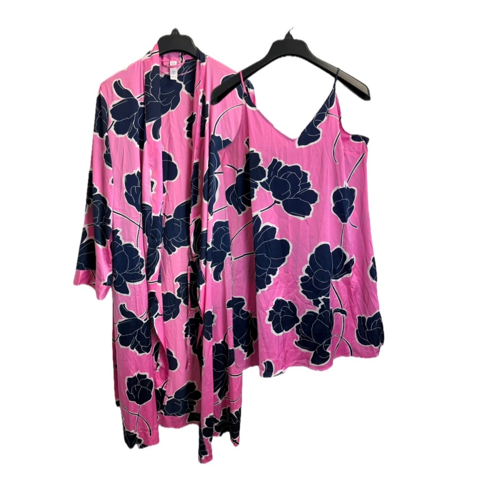 Stars Above XS/S Floral Satin Robe and Chemise Nightgown Set 2 Piece Pink Navy